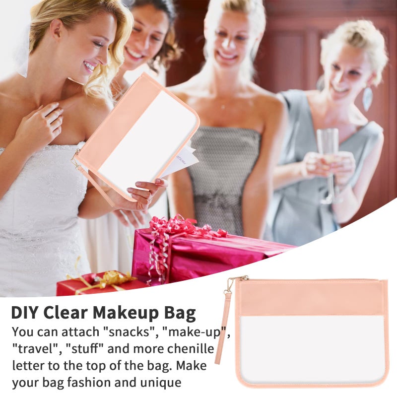 Iqimott Clear Zipper Pouch, DIY Clear Makeup Cosmetic Bag Purse for Women Girls, Chenille Letter Travel Toiletry Bag(Pink) - Image 5